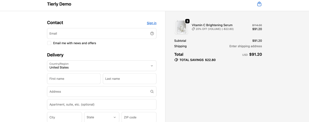 Shopify checkout order summary with a 20% volume discount and total savings