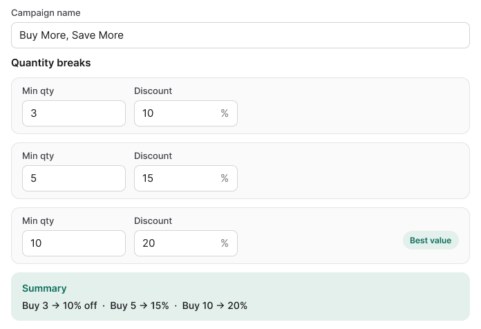 Tierly admin: campaign name and quantity break tiers with their discounts